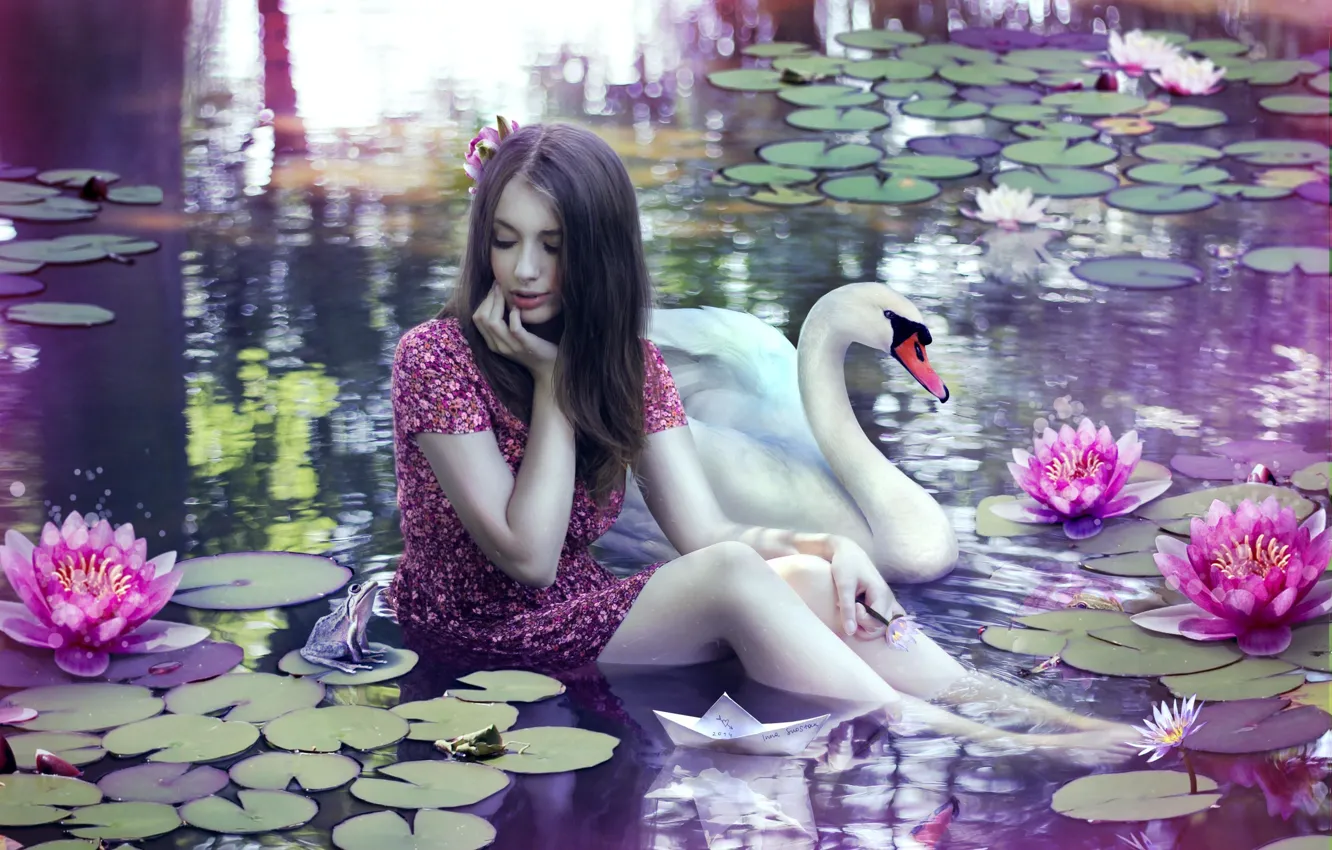 Photo wallpaper water, girl, magic, Swan, toad, water Lily, paper boat
