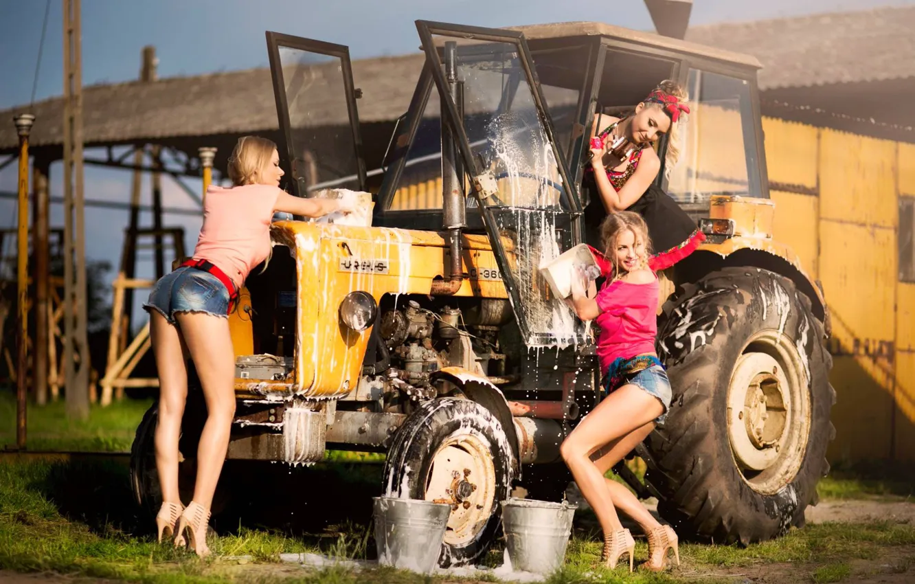 Photo wallpaper sexy, sexy, three girls, sexy babes, On the Farm, Washing the Tractor
