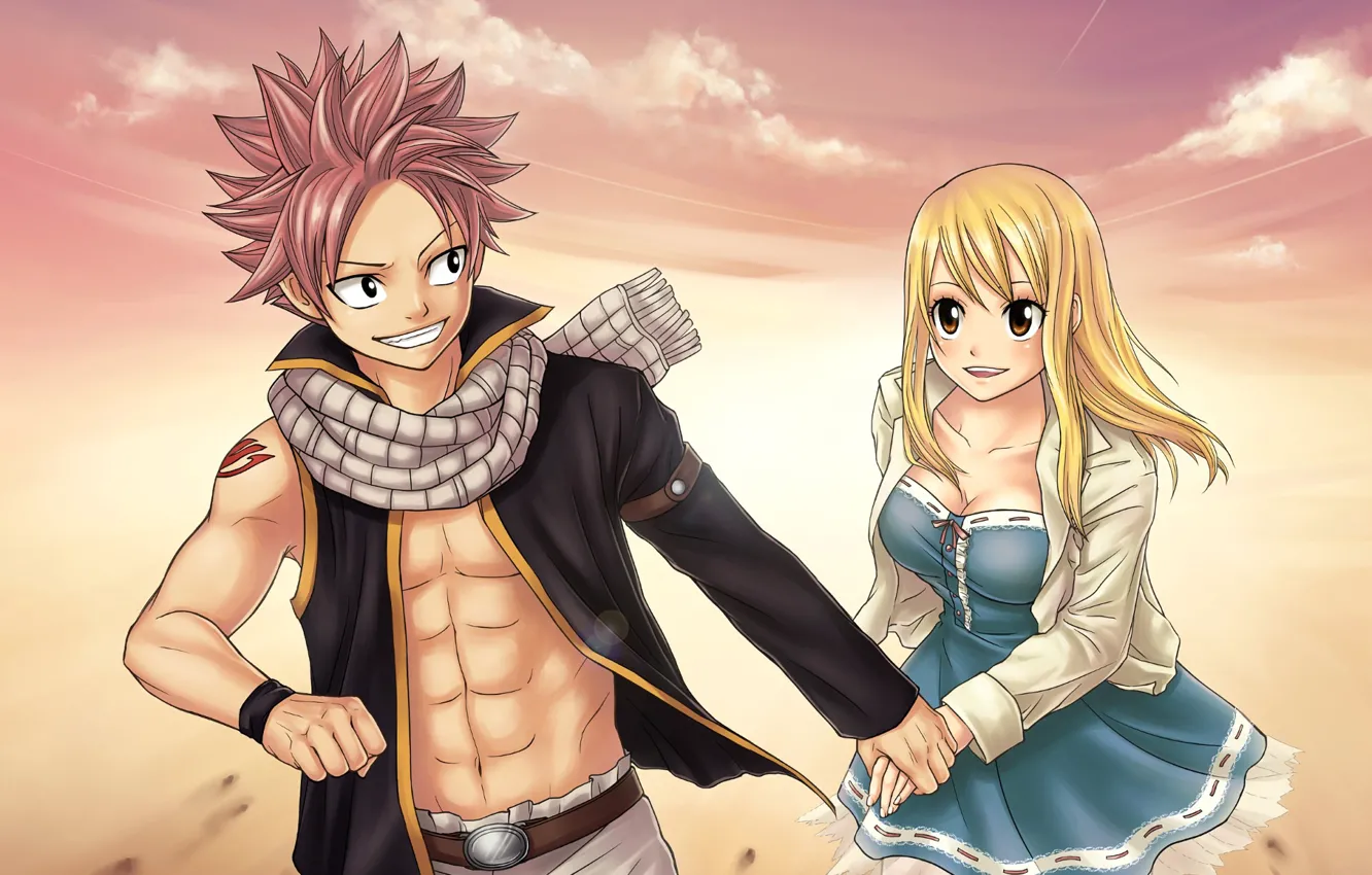 Photo wallpaper anime, art, fairy tail, Lucy, Natsu Dragneel, Fairy tail