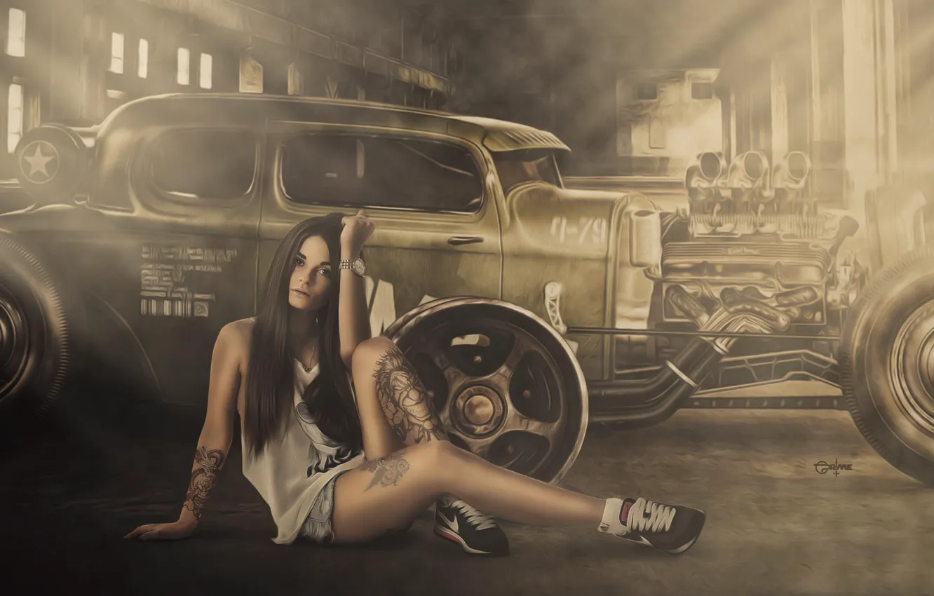 Photo wallpaper Girl, Hot Rod, Smoke, Wheels, Engine, Shirt, Sitting, Shorts