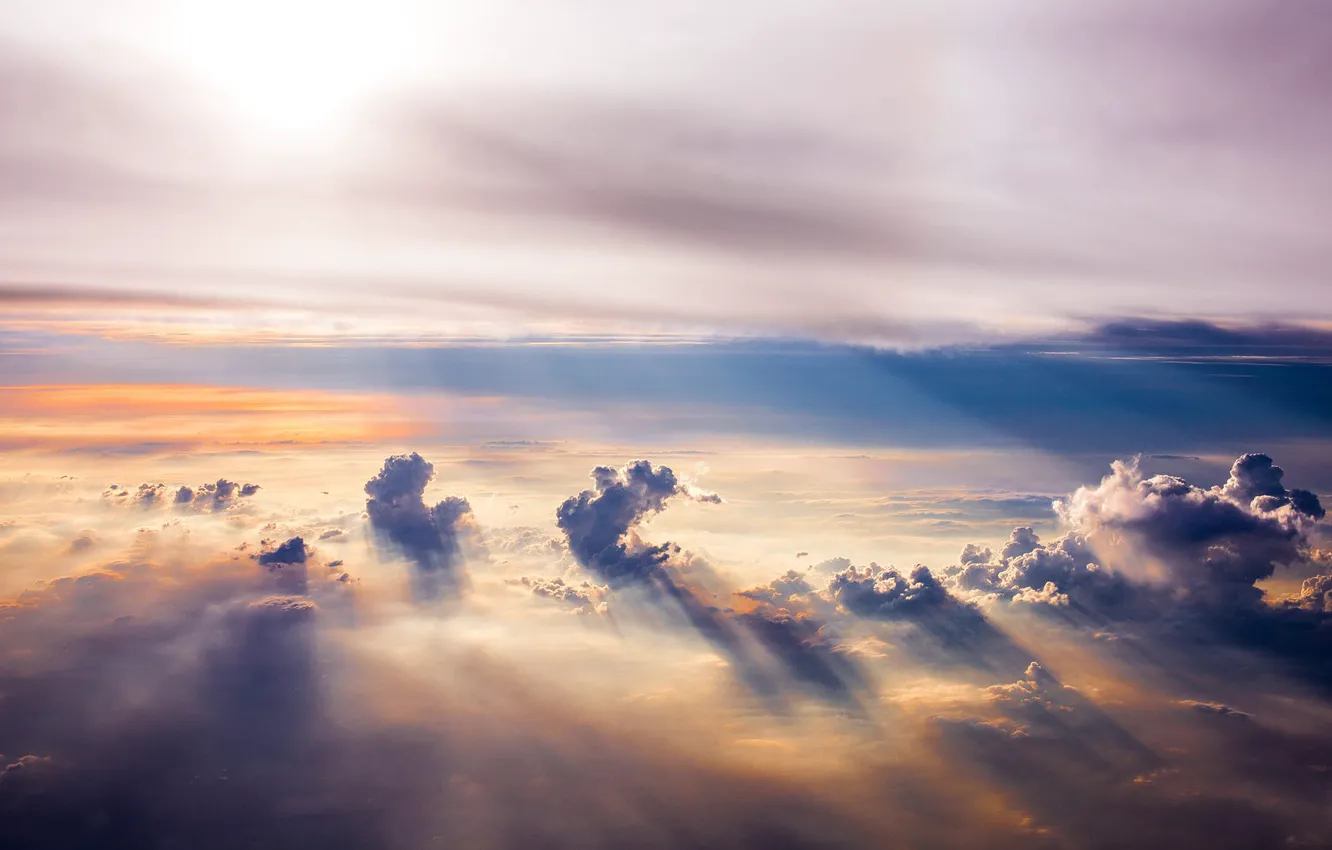 Photo wallpaper Horizon, sky, landscape, clouds, sun rays, aerial view
