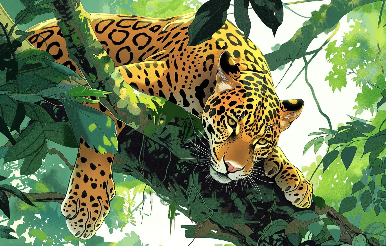 Photo wallpaper look, leaves, trees, predator, art, Jaguar, big cat, digital art