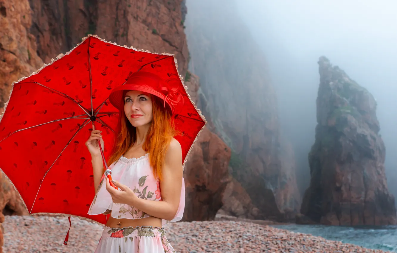 Photo wallpaper sea, girl, fog, rocks, shore, umbrella, makeup, red