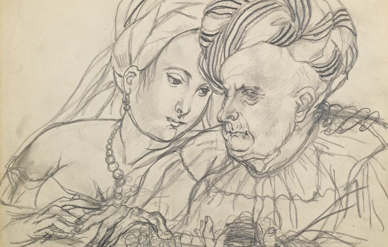 Photo wallpaper paper, pencils, coal, 1950, Tsuguharu, Fujita, The jeweler and the courtesan