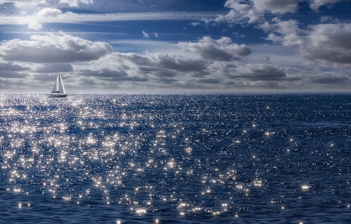 Photo wallpaper the sky, clouds, lake, glare, yacht, Lake Constance, Lake Constance, A white sail gleams