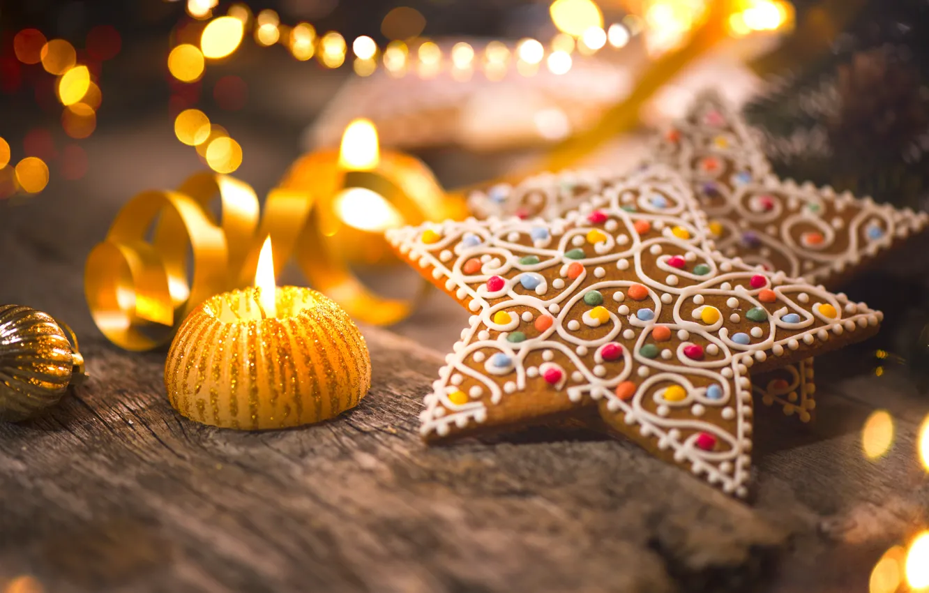 Photo wallpaper holiday, star, new year, candle, gingerbread, treats