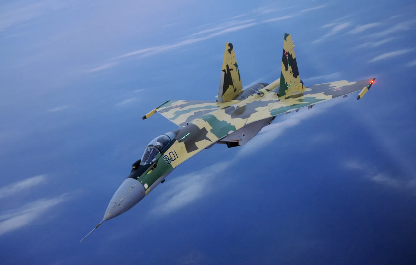 Photo wallpaper height, fighter, SU-35, blue sky
