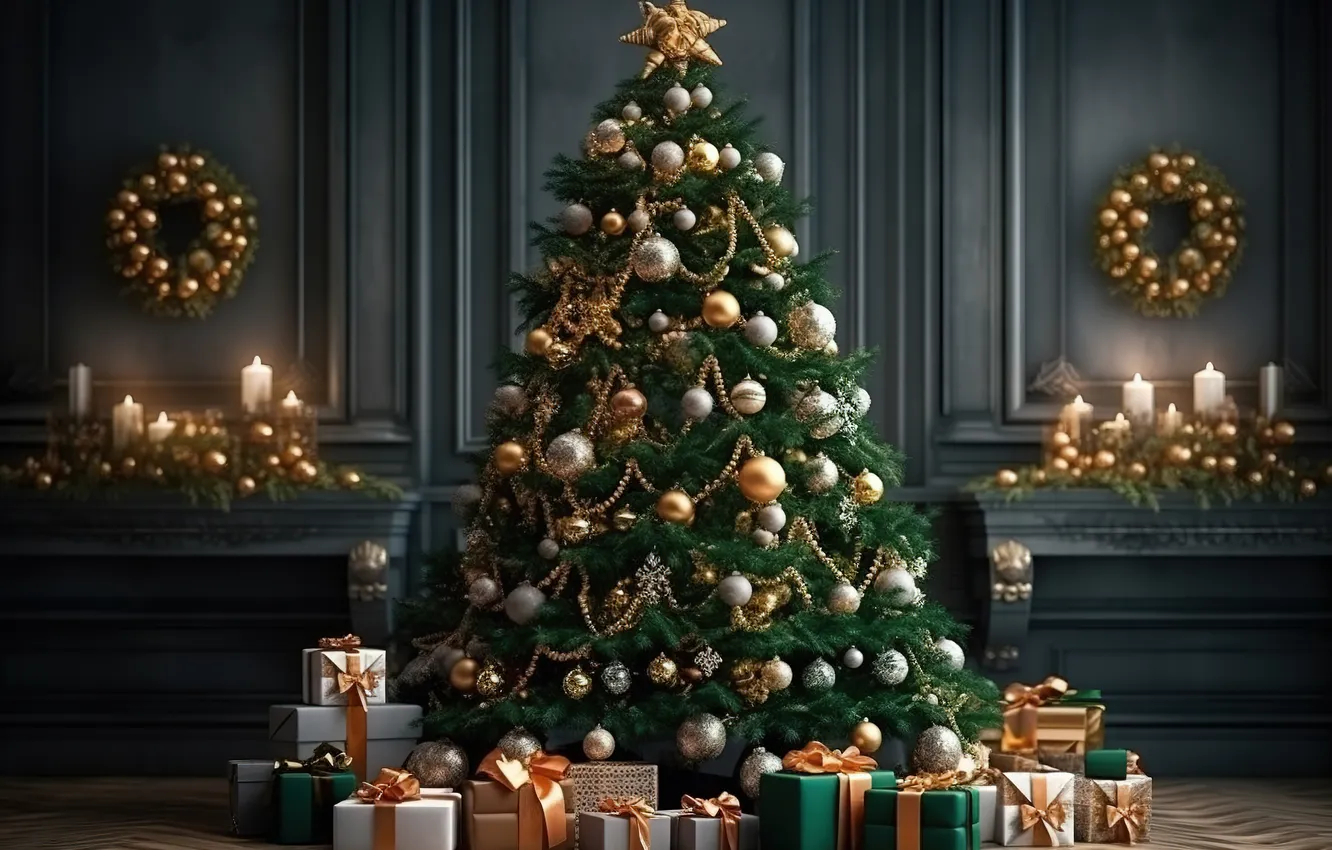 Photo wallpaper decoration, room, gift, tree, new year, interior, Christmas, Christmas