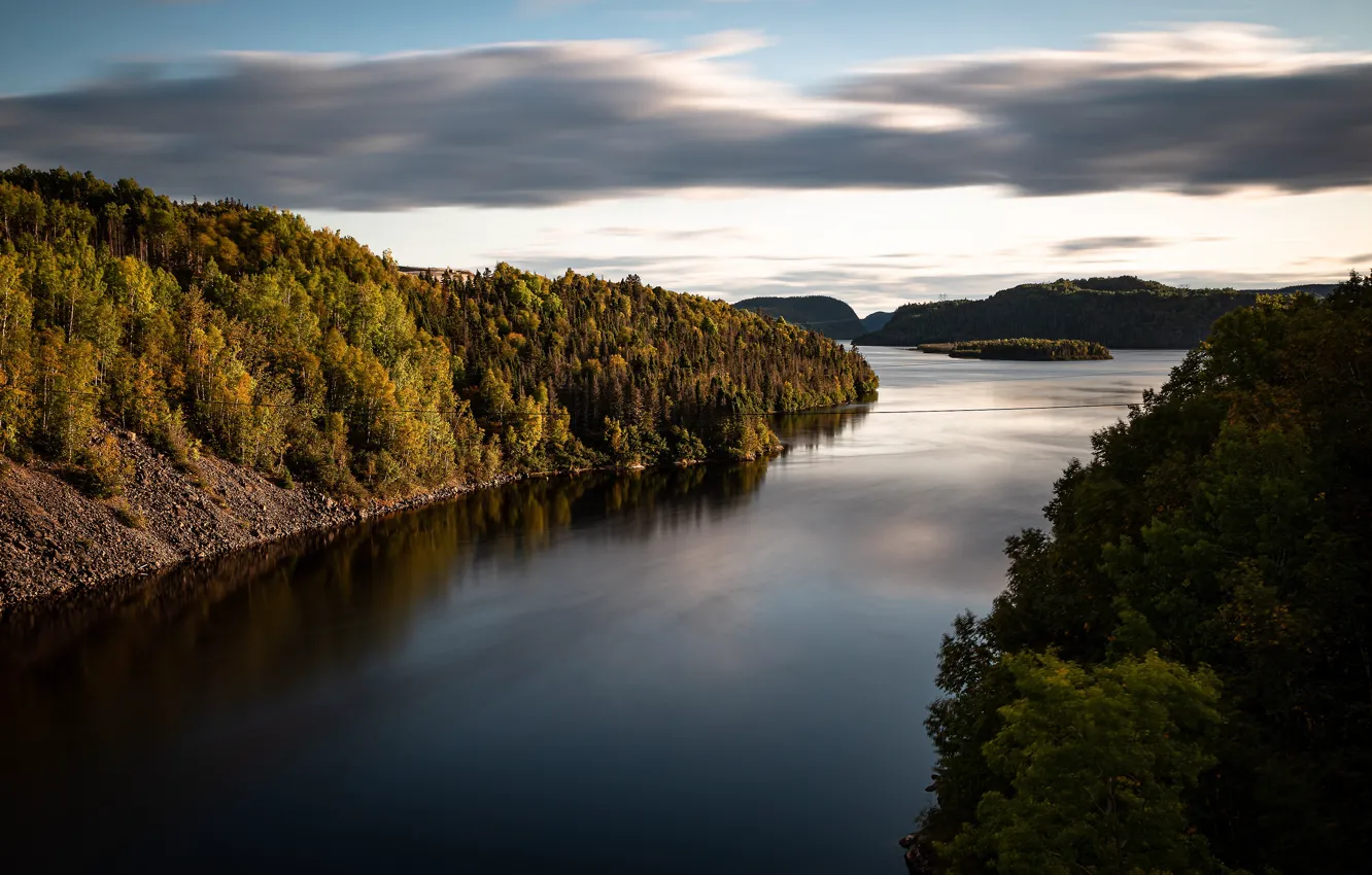 Photo wallpaper autumn, forest, the sky, clouds, trees, clouds, reflection, river