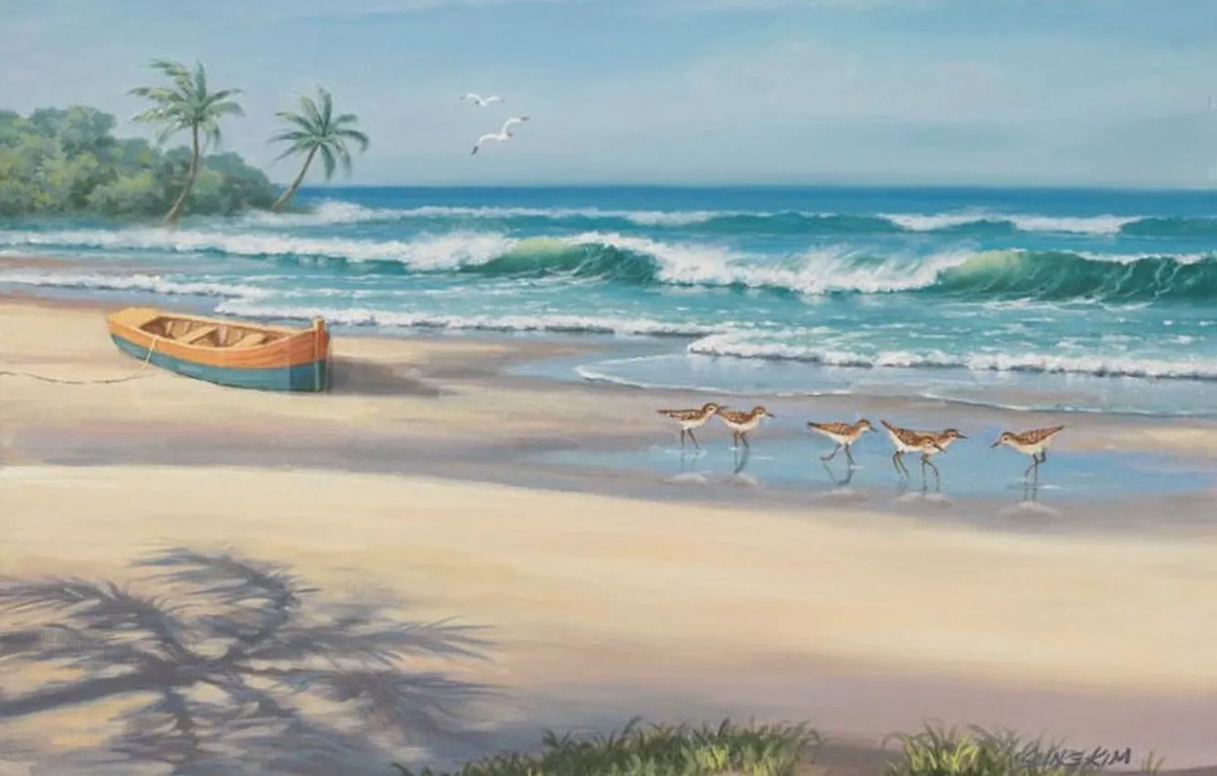 Photo wallpaper sea, beach, boat, picture, painting, painting, Sung Kim