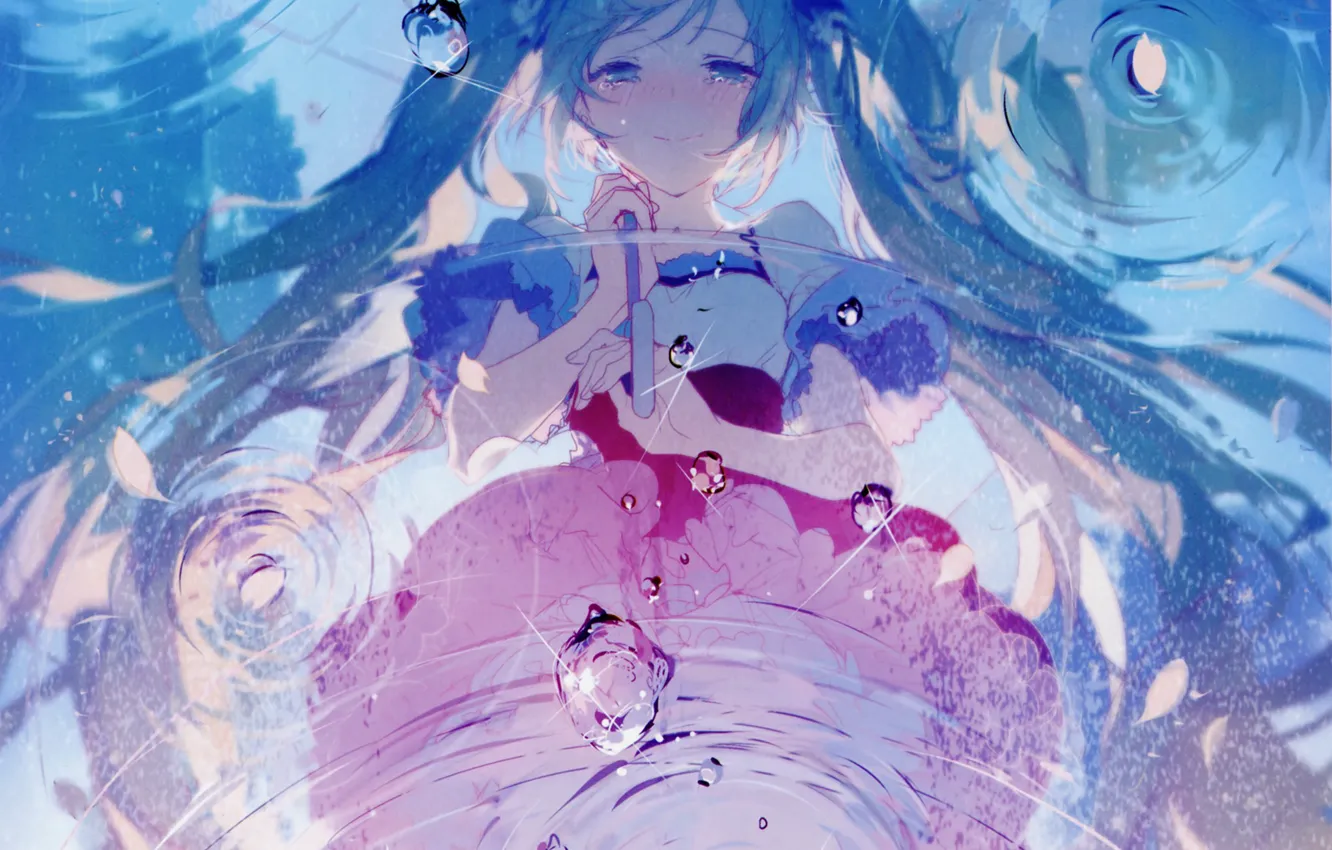 Photo wallpaper water, girl, reflection, umbrella, anime, petals, art, vocaloid