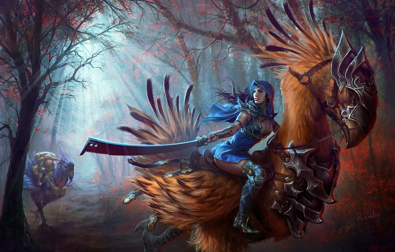 Photo wallpaper forest, girl, weapons, bird, art, Final Fantasy, giant, Chocobo