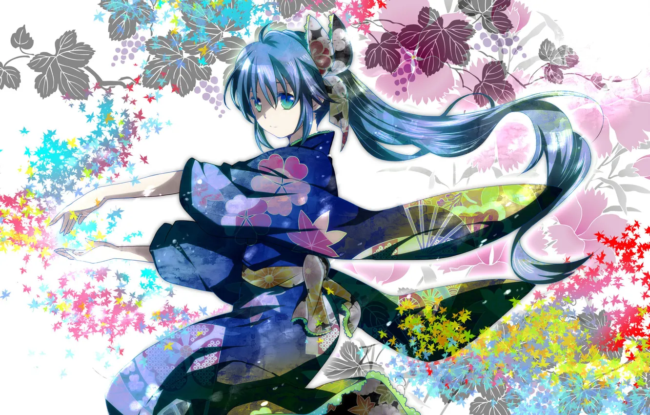 Photo wallpaper girl, flowers, art, kimono, Hatsune Miku, Vocaloid, mariwai, marireroy