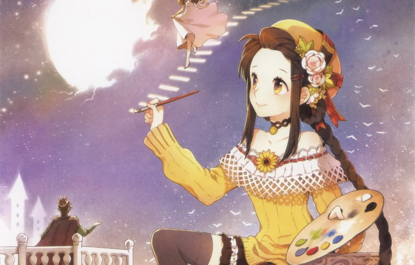 Photo wallpaper girl, bird, the moon, paint, anime, crown, art, braid