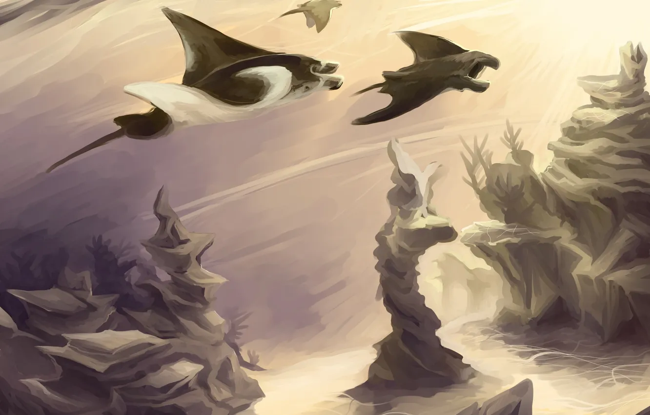 Photo wallpaper fish, corals, art, SKAT, under water