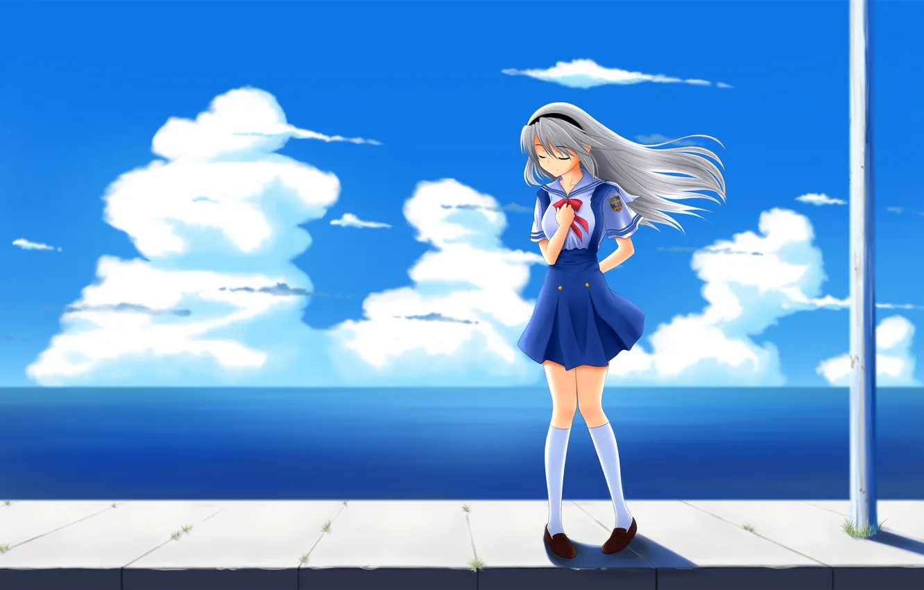 Photo wallpaper sea, girl, clouds, posts, form, clannad, Tomoya Sakagami