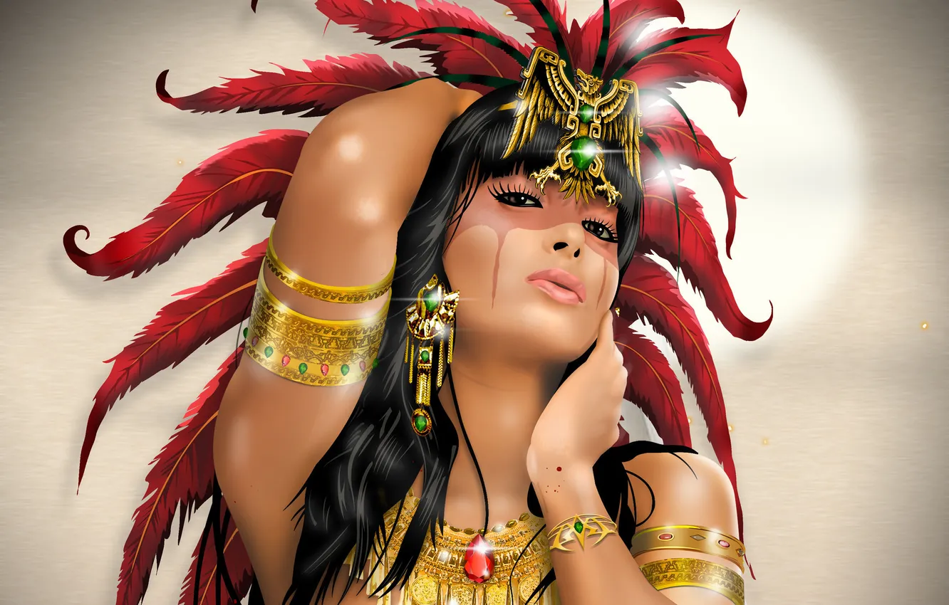 Photo wallpaper look, girl, decoration, face, vector, feathers