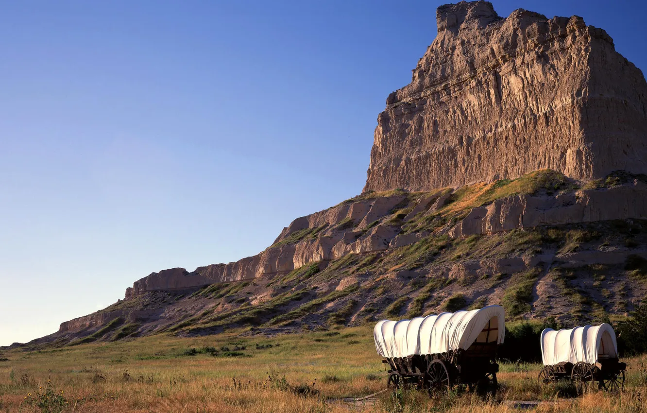 Photo wallpaper mountains, Prairie, carts