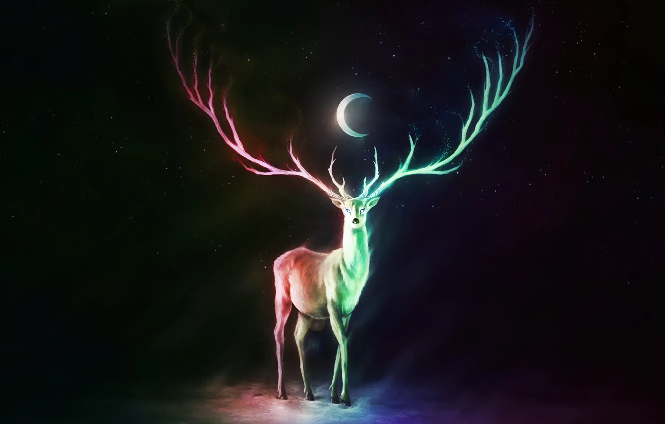 Photo wallpaper colorful, moon, fantasy, horns, stars, animal, digital art, artwork