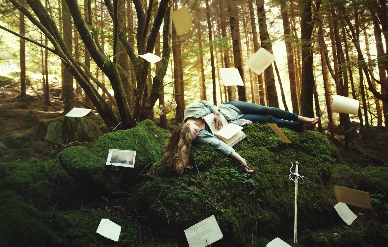 Photo wallpaper forest, girl, trees, pose, fantasy, vegetation, moss, sleep