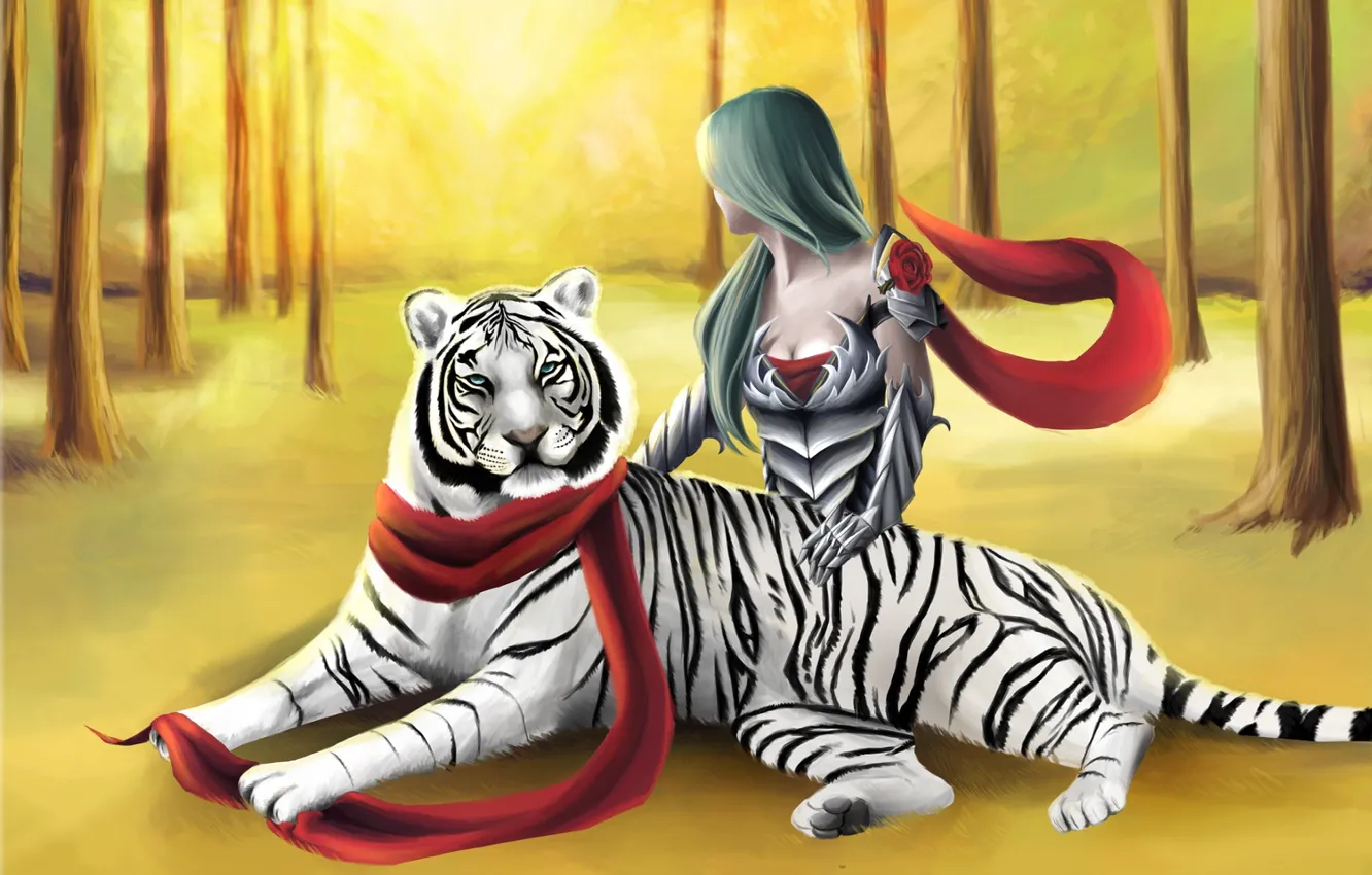 Photo wallpaper forest, girl, tiger