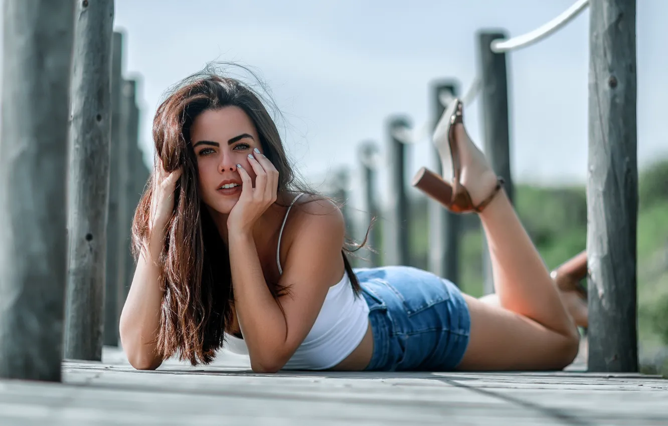 Photo wallpaper girl, sky, nature, bridge, model, brunette, outdoors, jean shorts