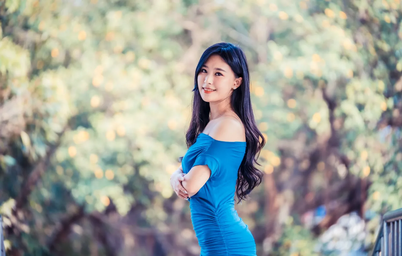 Photo wallpaper look, girl, blue, hair, dress, bokeh