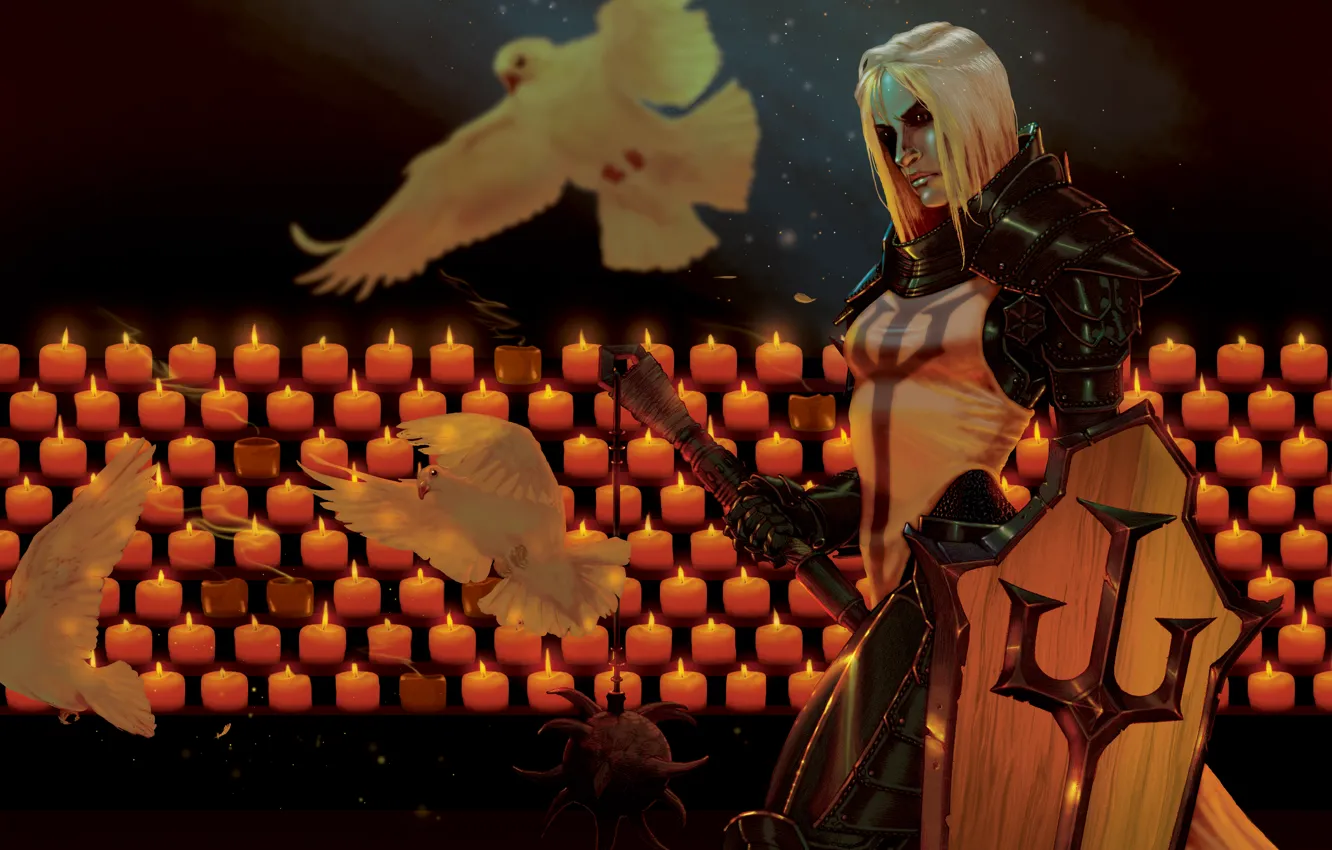 Photo wallpaper girl, bird, candles, art, pigeons, shield, Diablo 3, Diablo III: Reaper of Souls