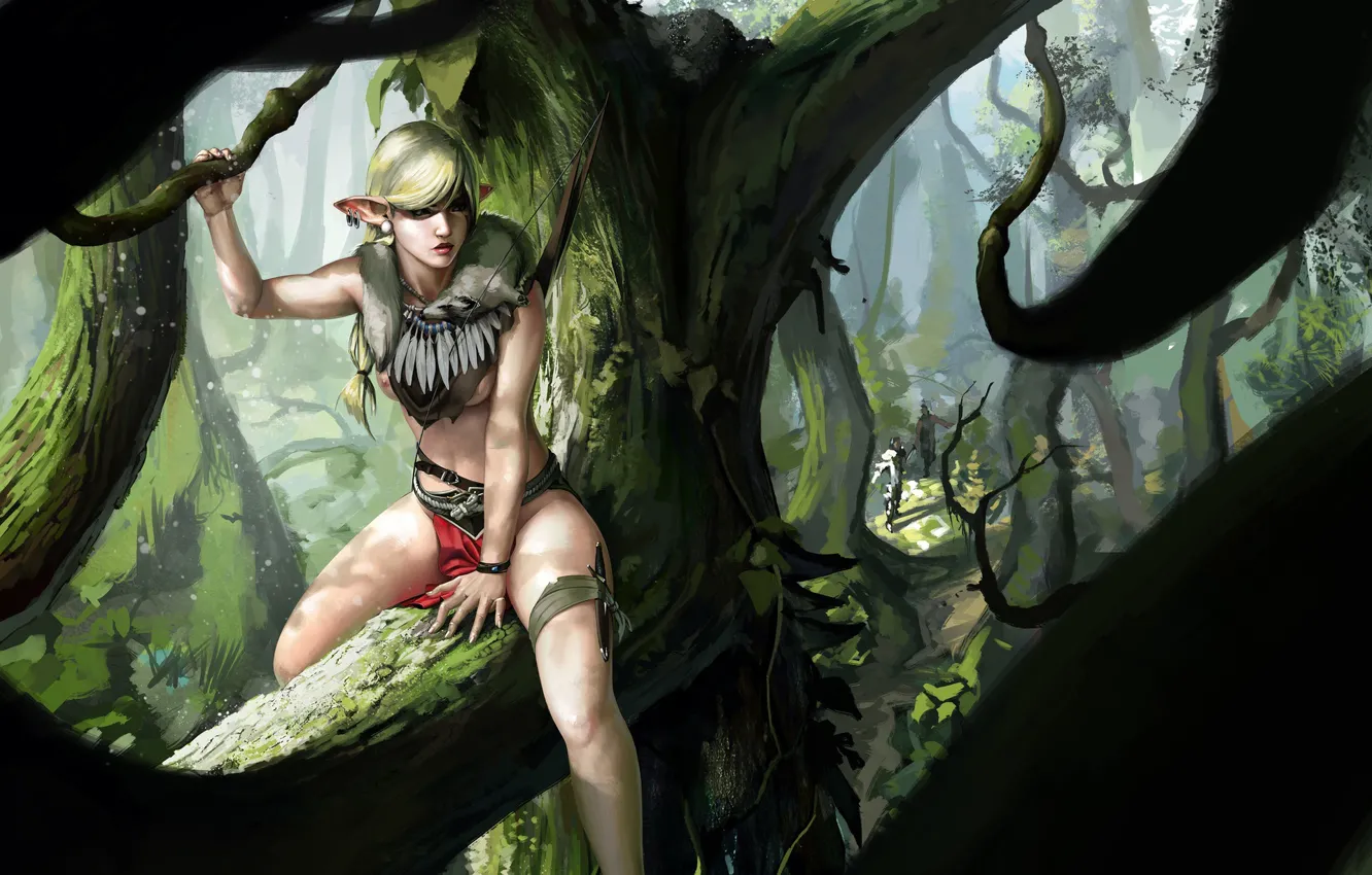 Photo wallpaper forest, trees, weapons, elf, bow