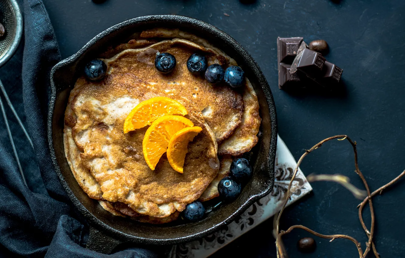Photo wallpaper food, fruit, chocolate, berries, breakfast, pancakes, blueberries