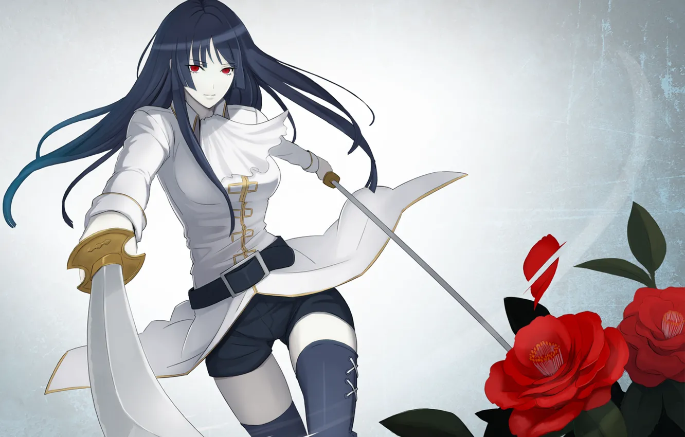 Photo wallpaper girl, roses, stockings, swords, red eyes, Gintama, Gin Tama, Imai Nobume