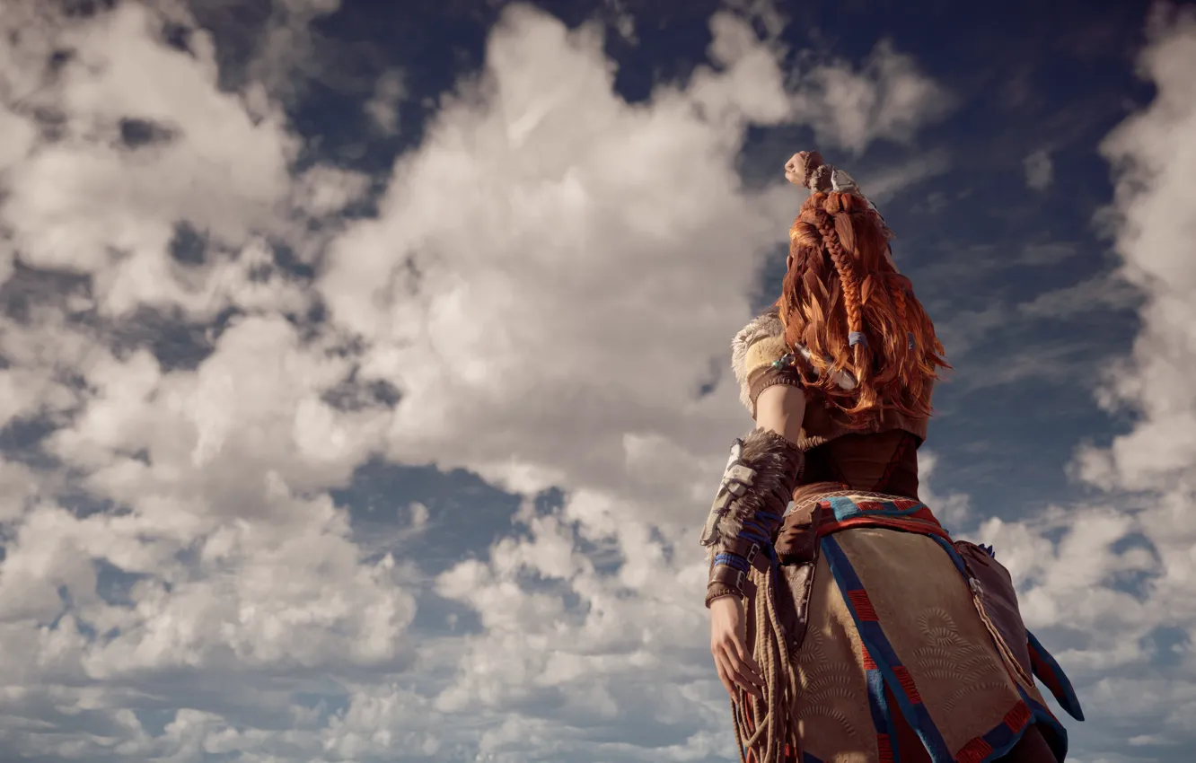 Photo wallpaper the sky, girl, trees, mountains, robot, bow, hunter, horizon