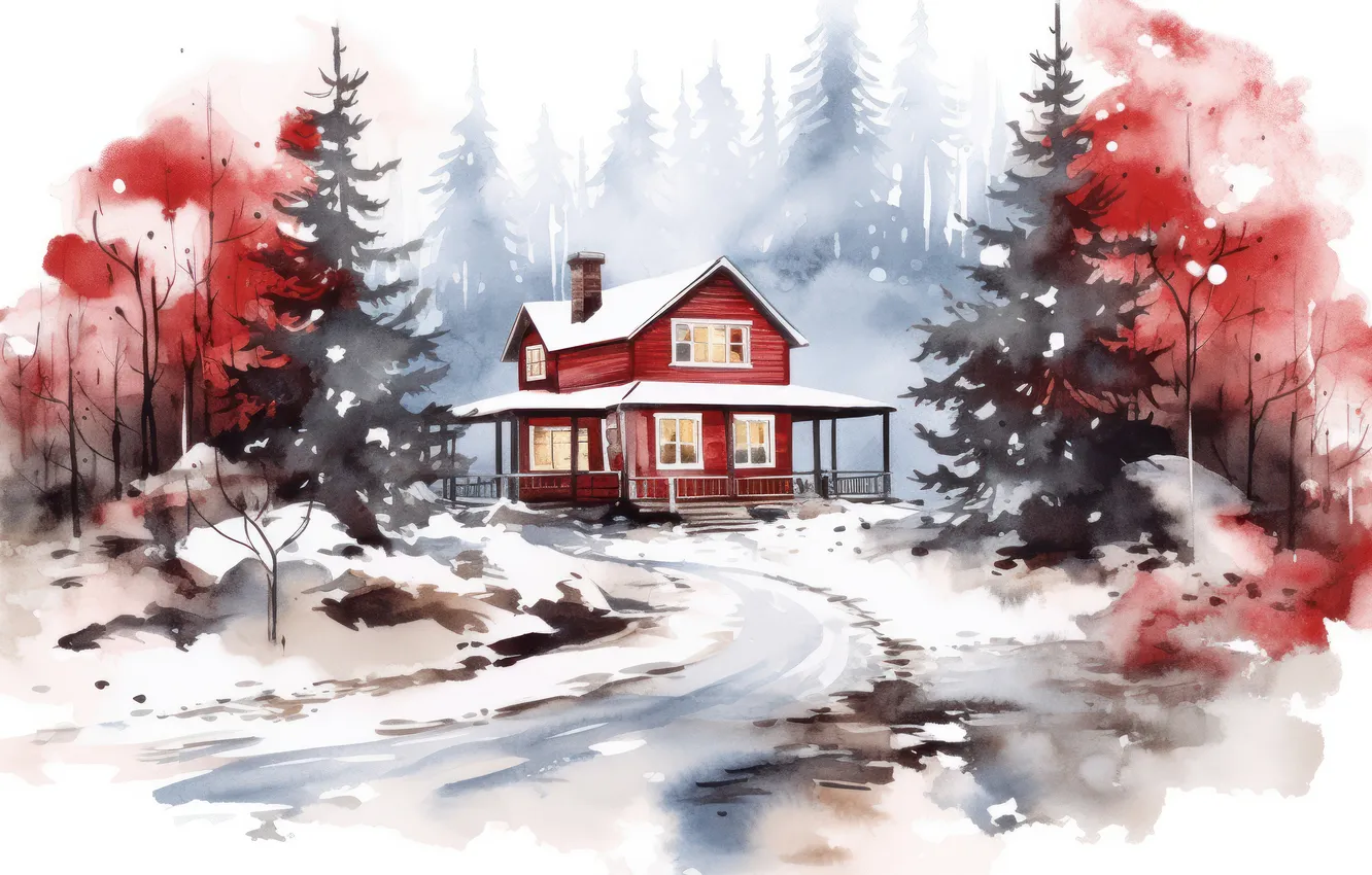 Photo wallpaper winter, frost, road, forest, snow, red, fog, home