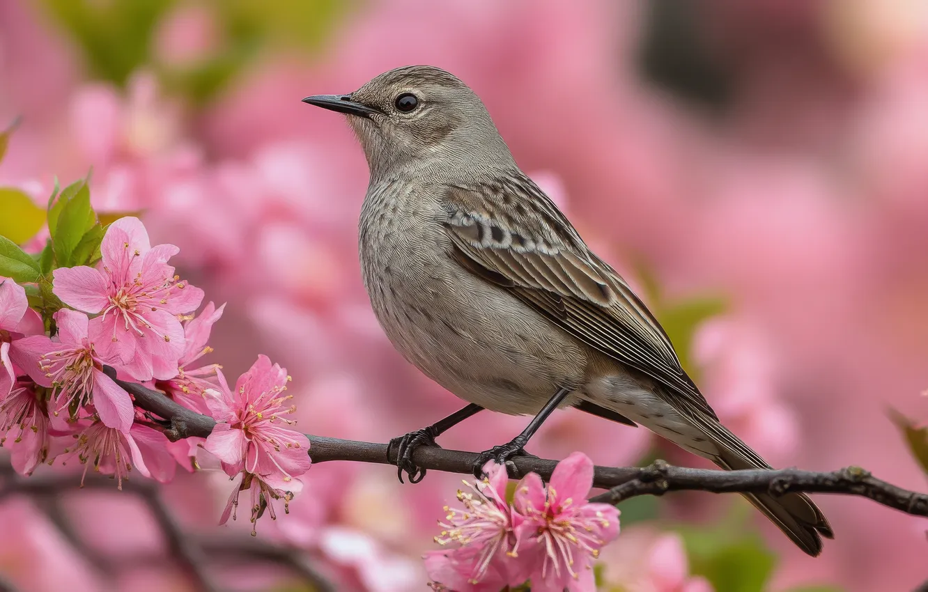 Photo wallpaper flowers, branches, bird, spring, pink, pink background, flowering, Flycatcher