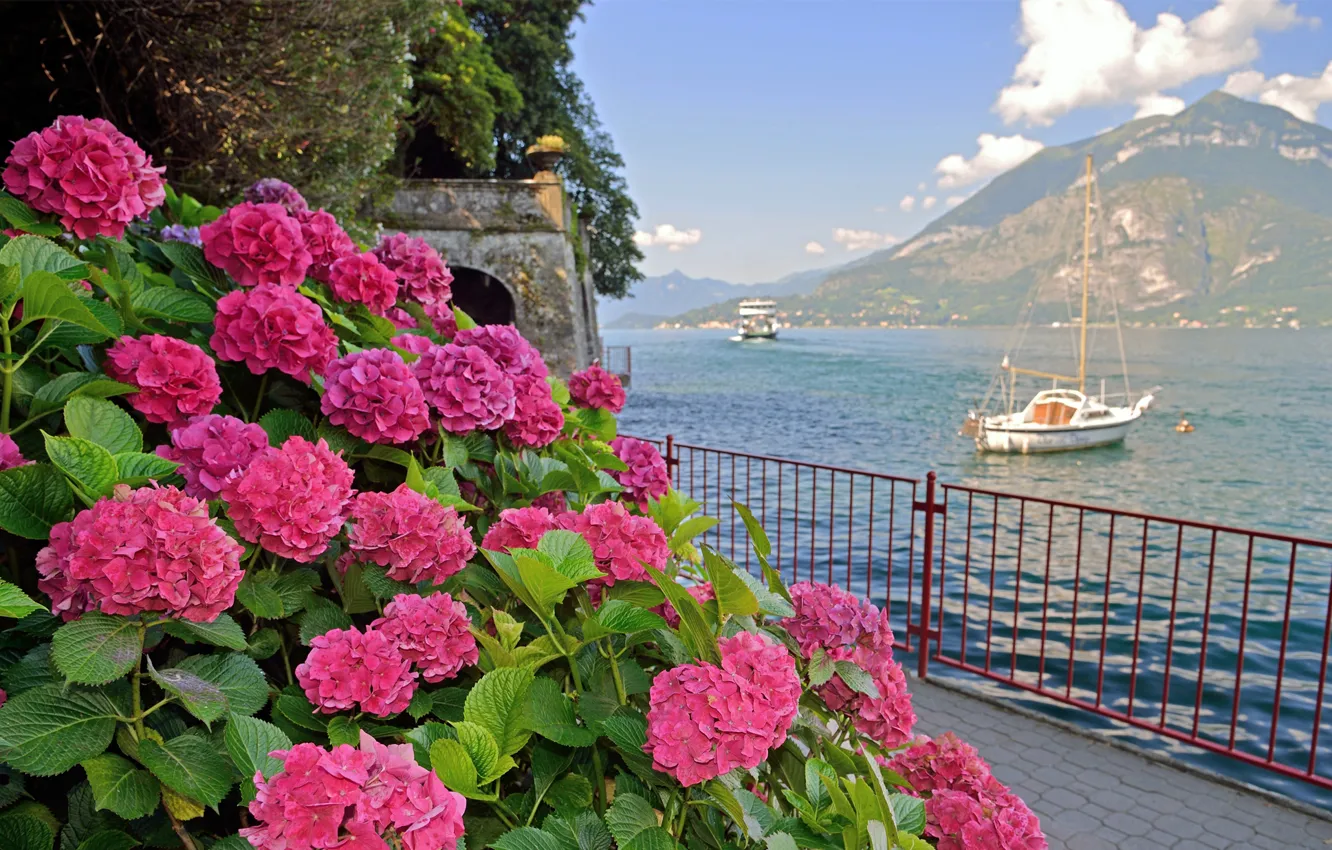 Photo wallpaper sea, the sky, flowers, mountains, ship, yacht, Italy, Bay