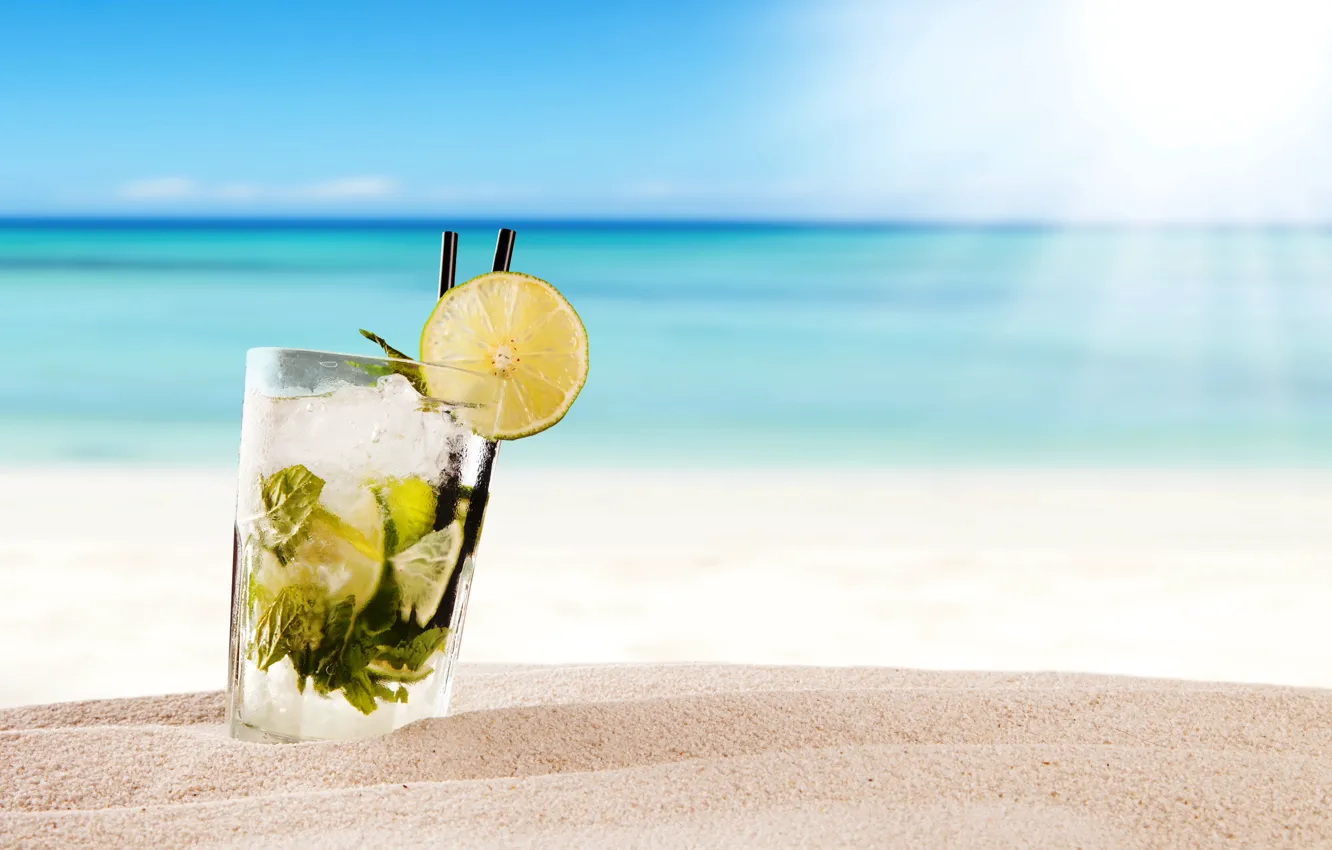 Photo wallpaper cocktail, summer, beach, fresh, sea, paradise, drink, mojito