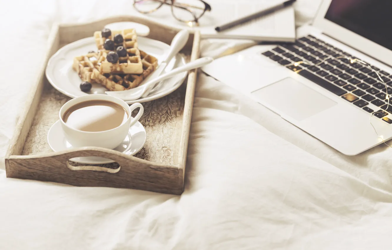 Photo wallpaper coffee, Berries, Laptop, waffles