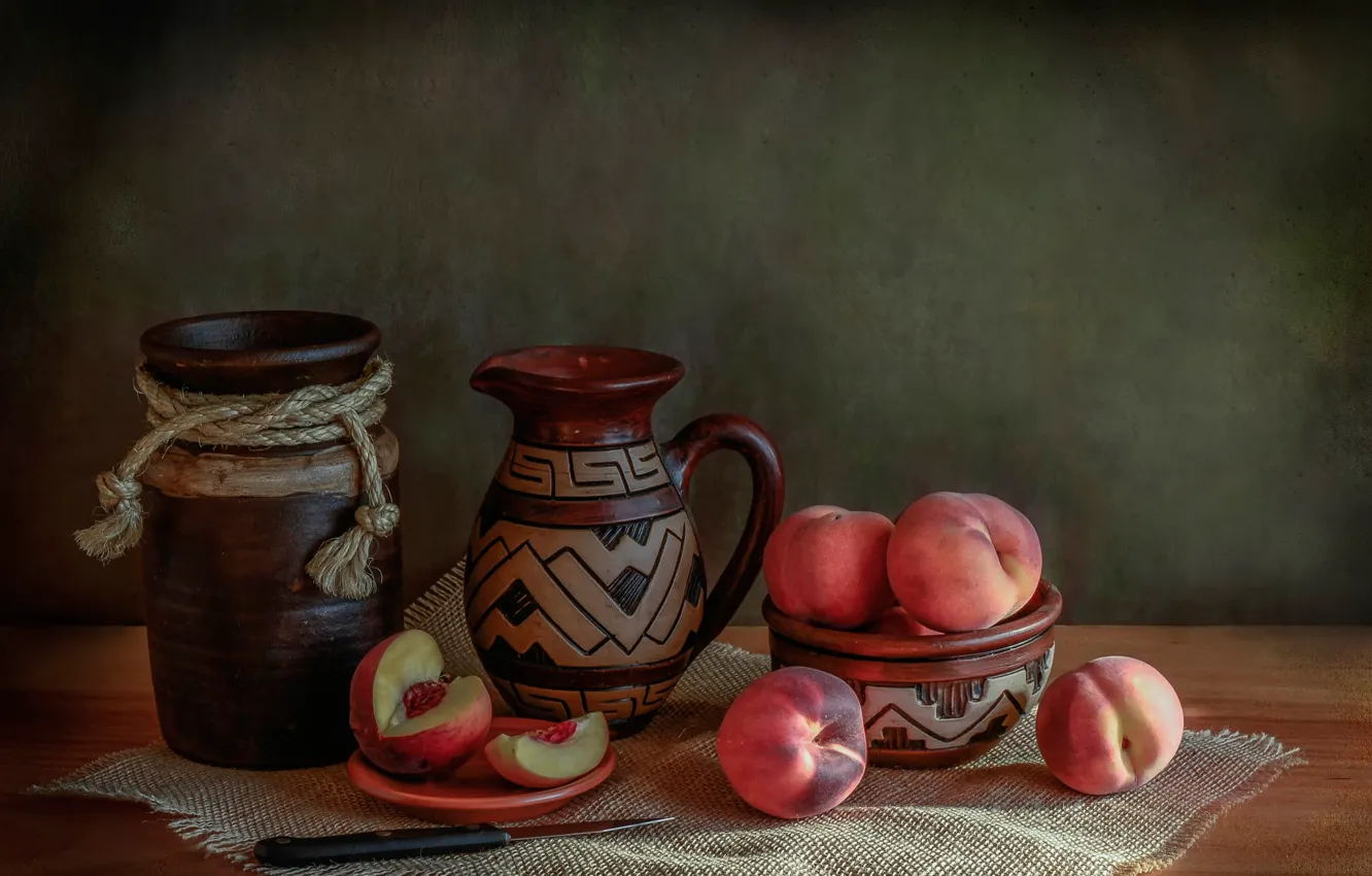 Photo wallpaper knife, pitcher, still life, peaches, napkin