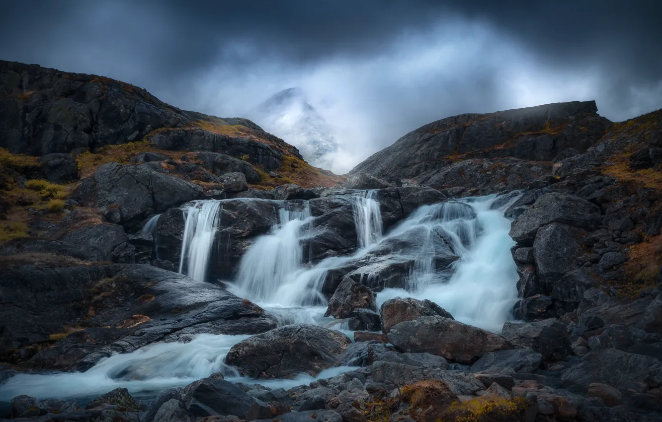 Photo wallpaper mountains, cascade, Norway, Romsdalen Valley, Valley Of Romsdalen, Norway. waterfall, Romsdal Alps