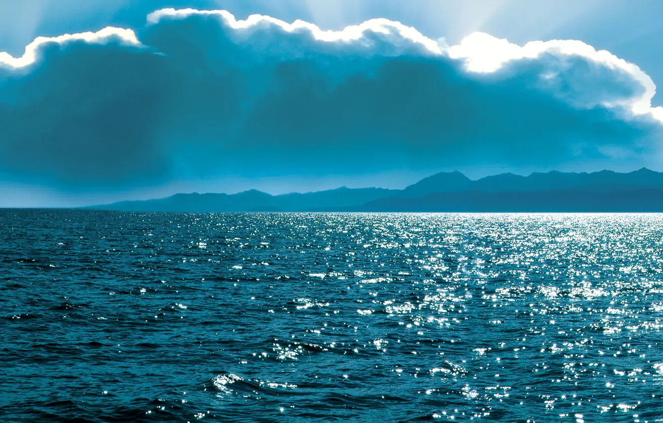 Photo wallpaper clouds, lake, blue, coast, horizon, Baikal, Russia, the rays of the sun