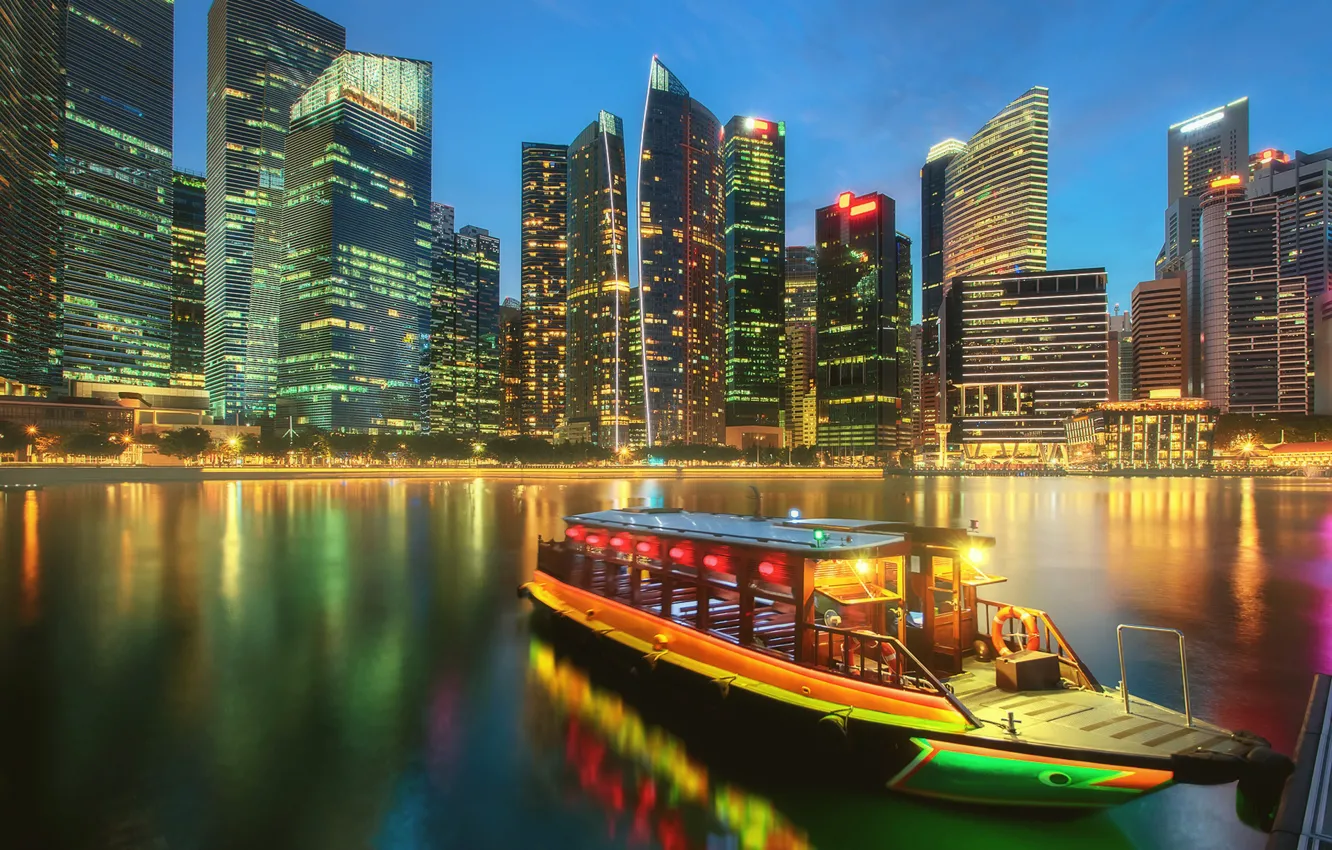 Photo wallpaper boat, building, home, Bay, Singapore, night city, skyscrapers, Singapore