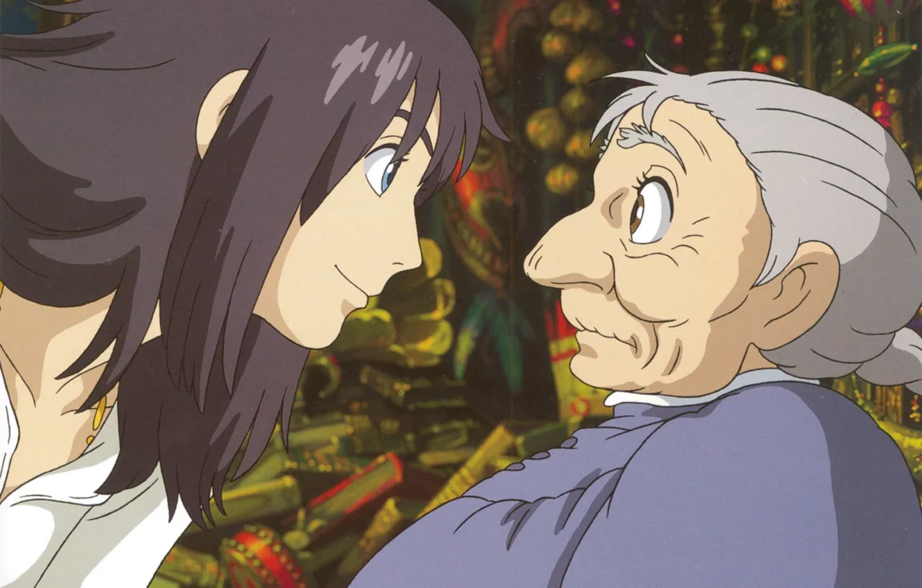 Photo wallpaper surprise, profile, two, old, the wizard, embarrassment, howl's moving castle, sophie hatter