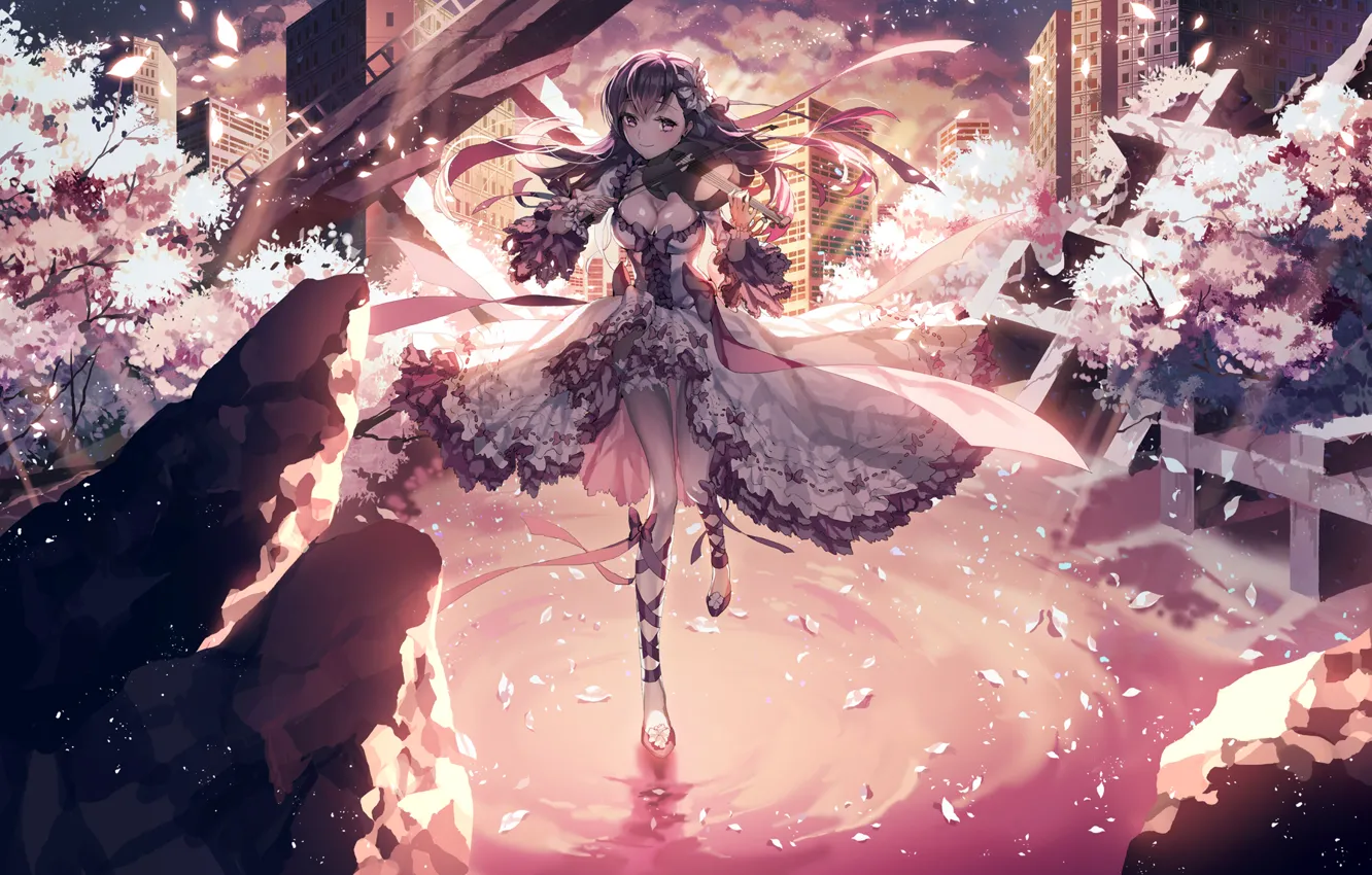 Photo wallpaper look, water, girl, the city, smile, violin, petals, neckline