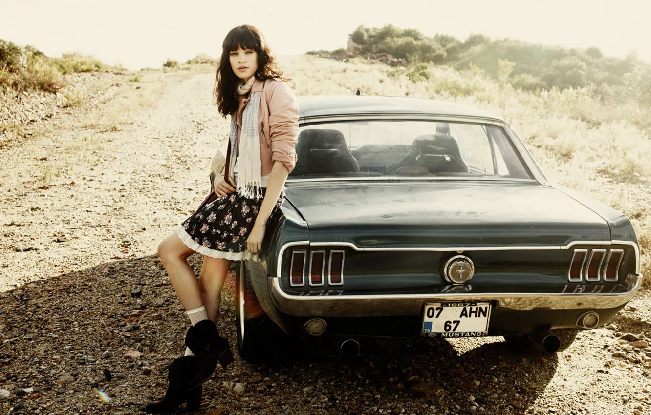 Photo wallpaper road, machine, girl, style, retro, mustang, Mustang, brunette