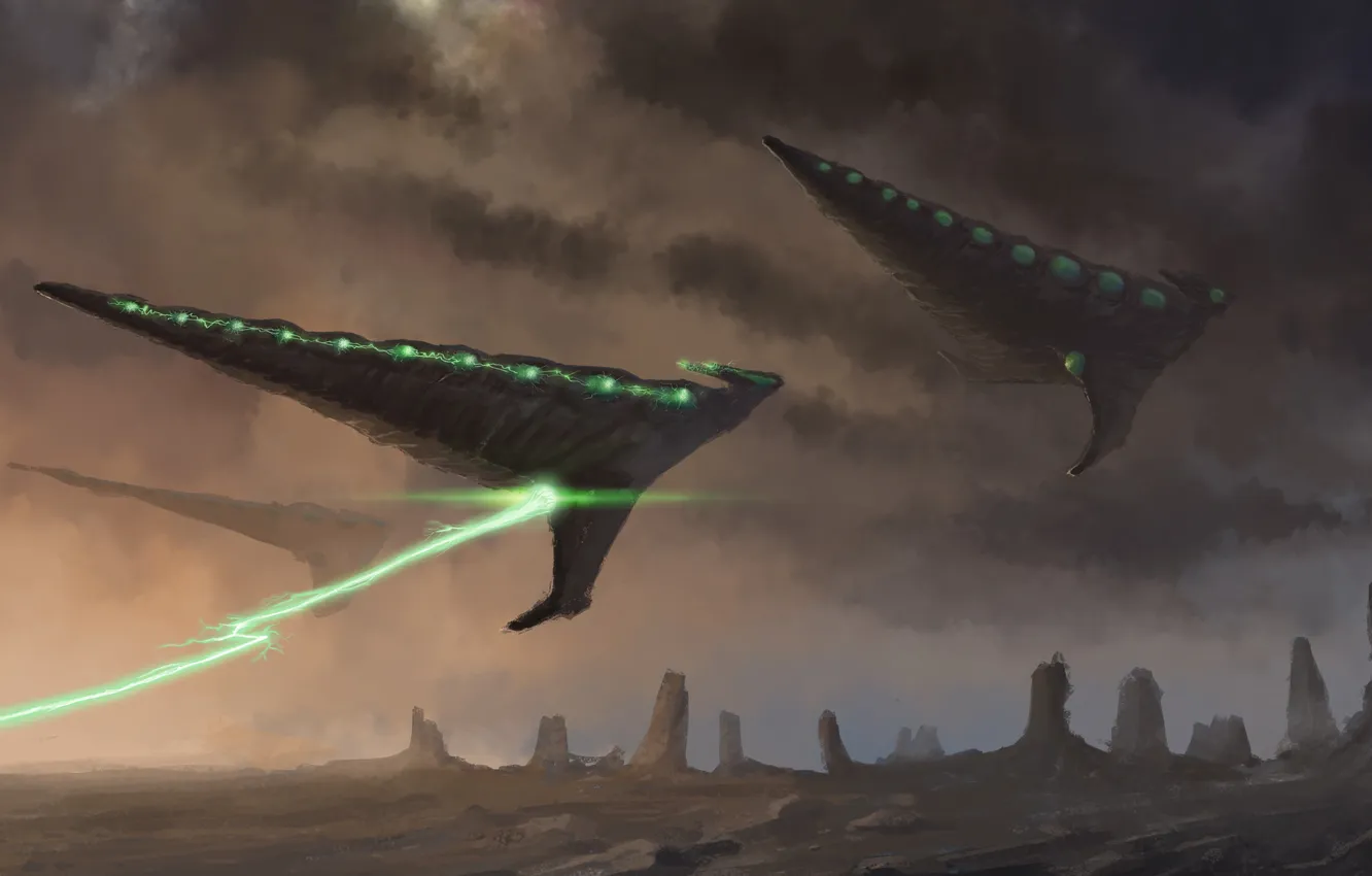 Photo wallpaper rays, rocks, ship, art, laser, hatnaa