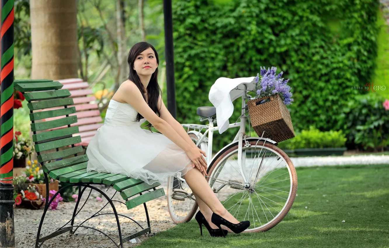 Photo wallpaper girl, flowers, bike, Asian