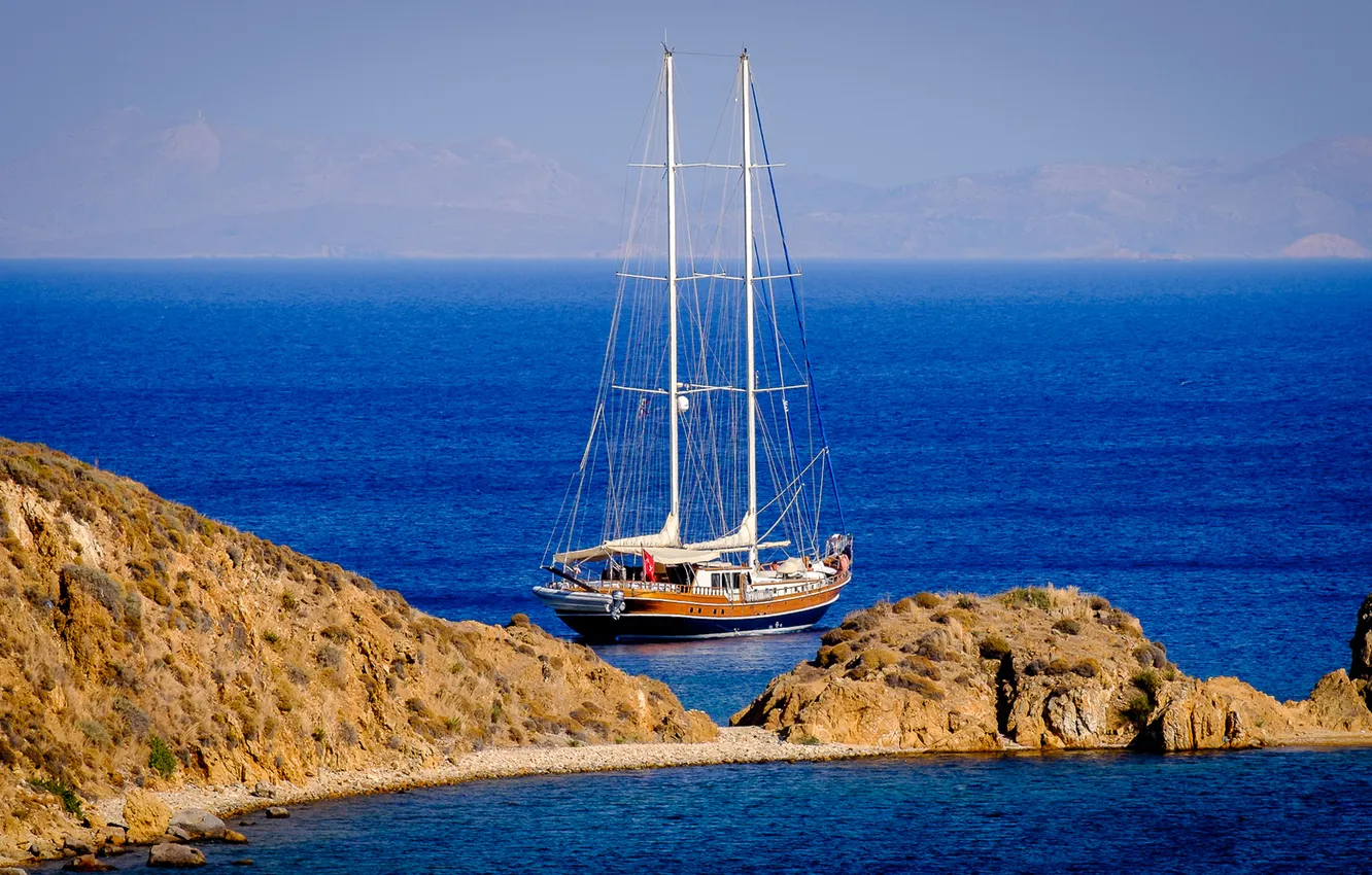 Photo wallpaper sea, the sky, mountains, rocks, yacht
