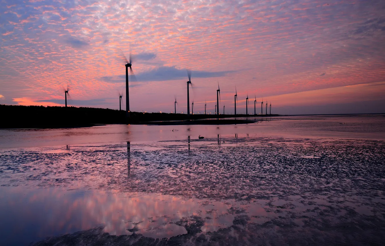 Photo wallpaper water, sunset, stranded, windmills