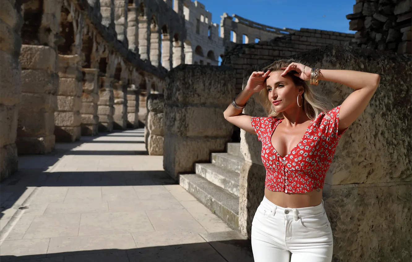 Photo wallpaper cleavage, hot girl, model, breasts, shadows, sexy woman, posing, red top