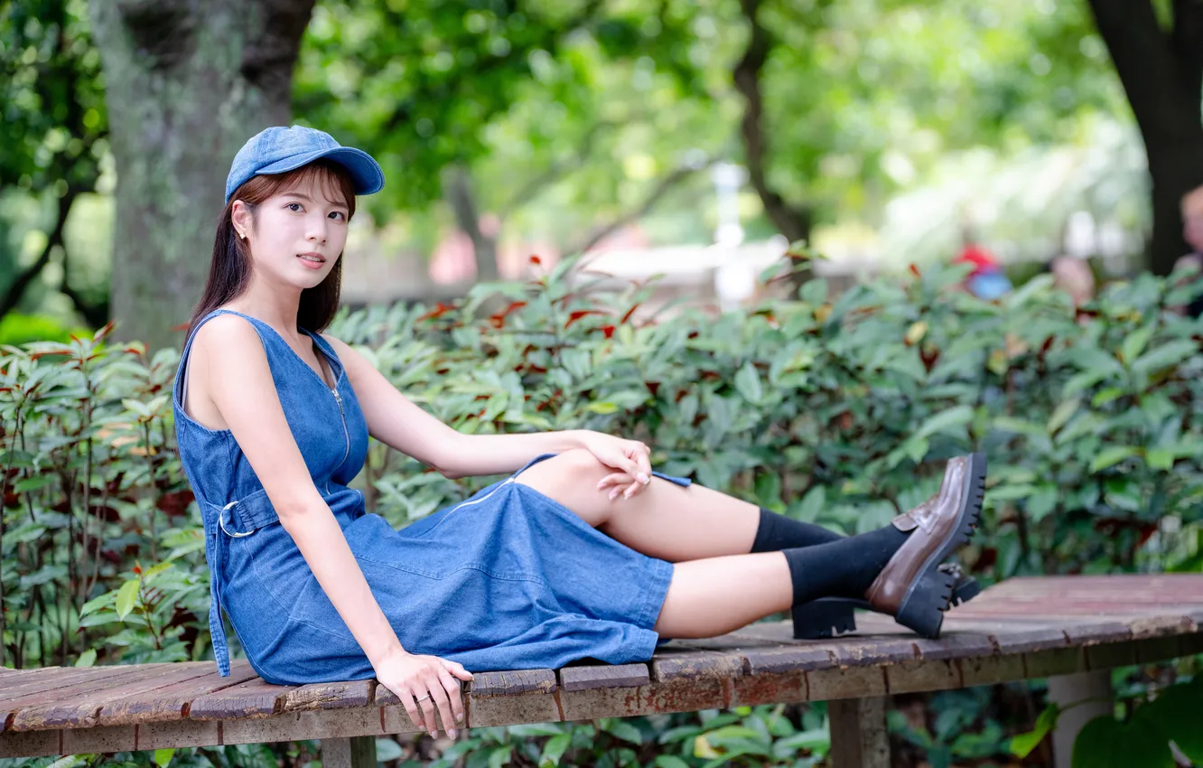 Photo wallpaper girl, dress, cap, Asian, on the bench
